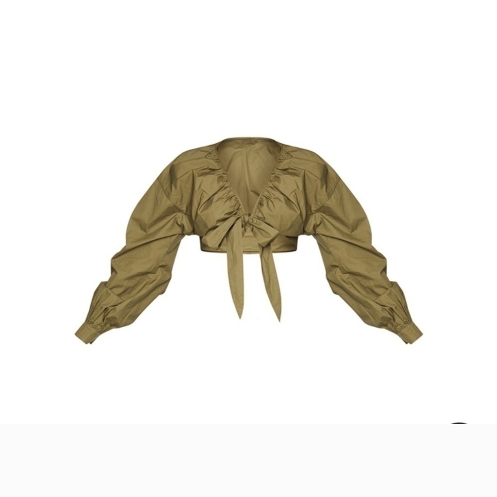 PLT,Khaki RuchedOlive Green Women's Tie-Front Top - Picture 2 of 6